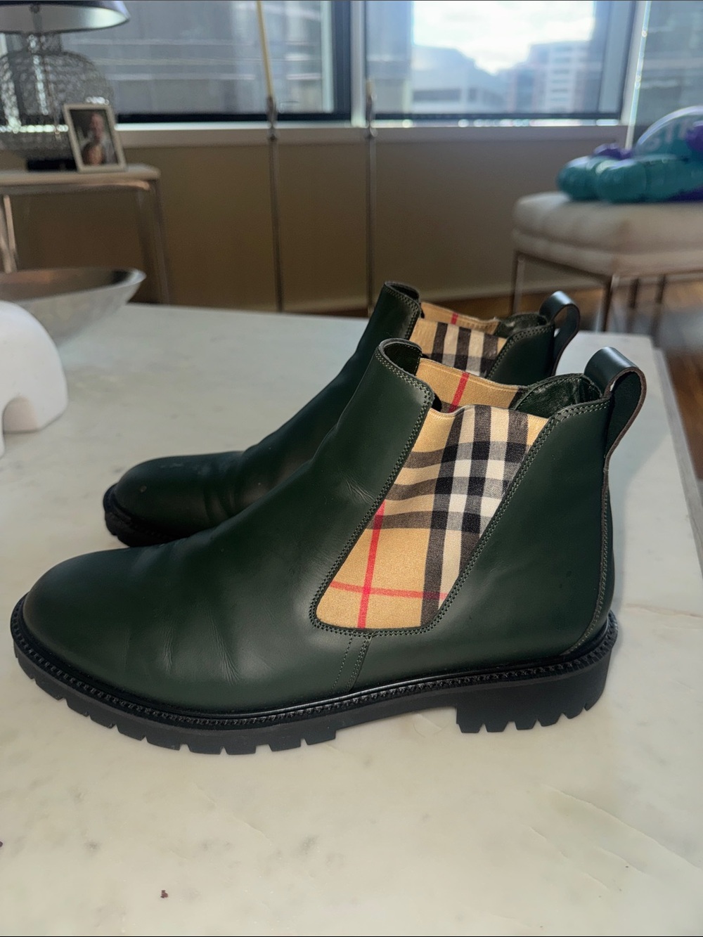 Burberry Dark Green Leather Chelsea Boots with Vintage Check Panel